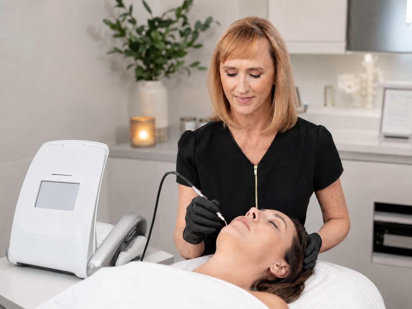 A Body Hair Gone electrologist performing a precise electrolysis treatment with the Apilus xCell Pur